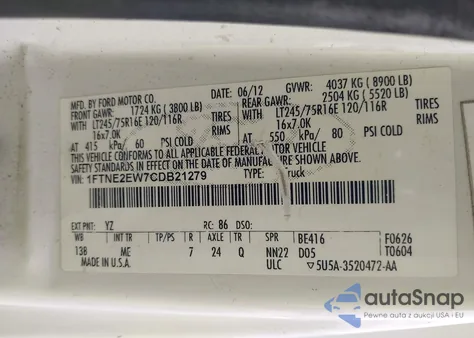 2012 Ford Econoline E250 Van из США, поврежденный, VIN 1FTNE2EW7CDB21279